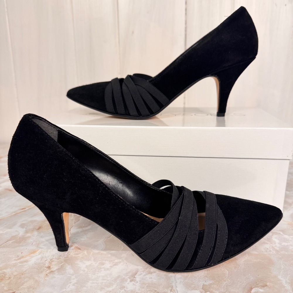 Vero Cuoio Italy Piper Pumps Women 8.5 Black Suede Kitten‎ Heel Pointed Toe